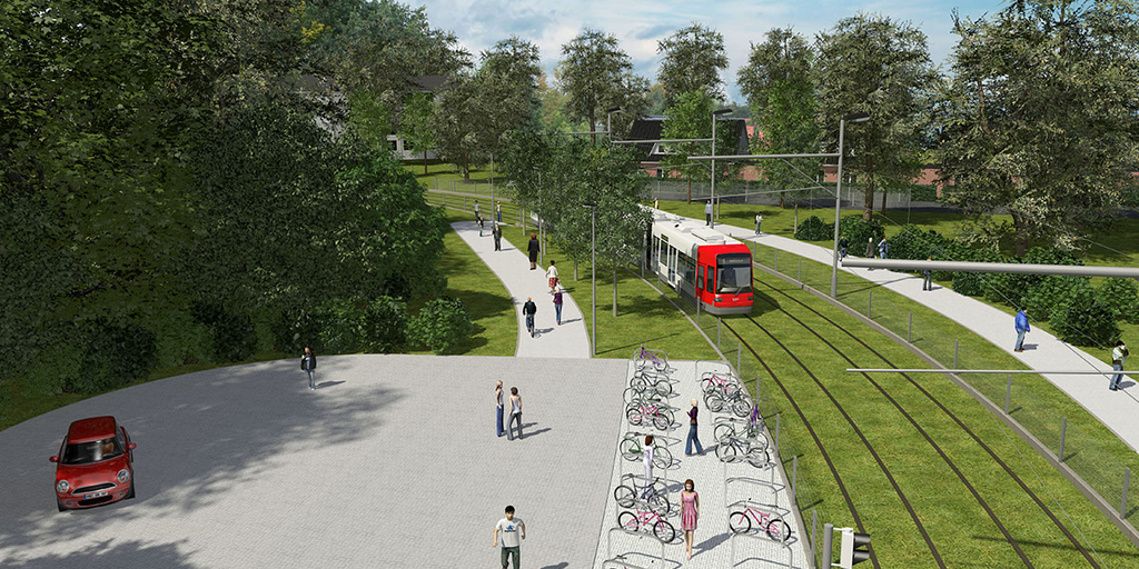 Haltestelle Willakedamm Ost Rendering der Haltestelle Willakedamm Ost. Eine Straßenbahn fährt auf Grüngleisen. Neben der Haltestelle stehen im Vordergrund Fahrräder an Fahrradständern.
