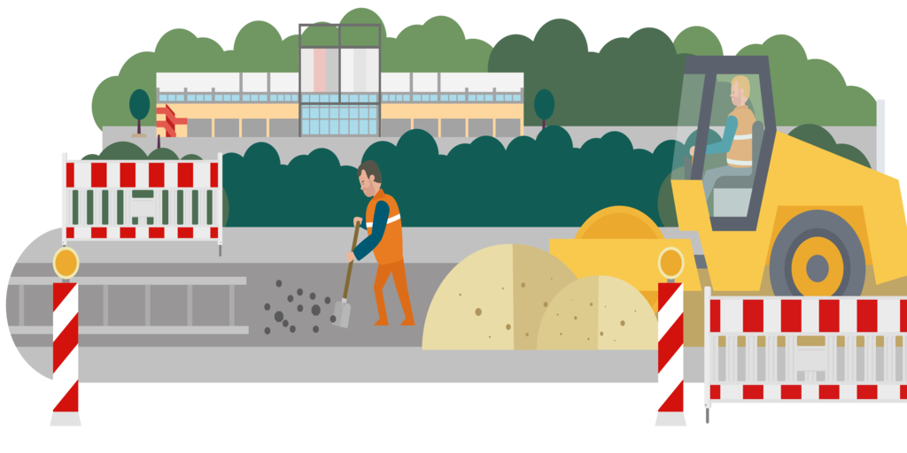 Eine Illustration zeigt einen Bagger und zwei Bauarbeiter auf einer Straßenbahnlinienbaustelle. 