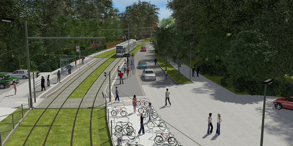Haltestelle Willakedamm West Rendering der Haltestelle Willakedamm West. Eine Straßenbahn fährt auf Grüngleisen. Neben der Haltestelle stehen im Vordergrund Fahrräder an Fahrradständern.