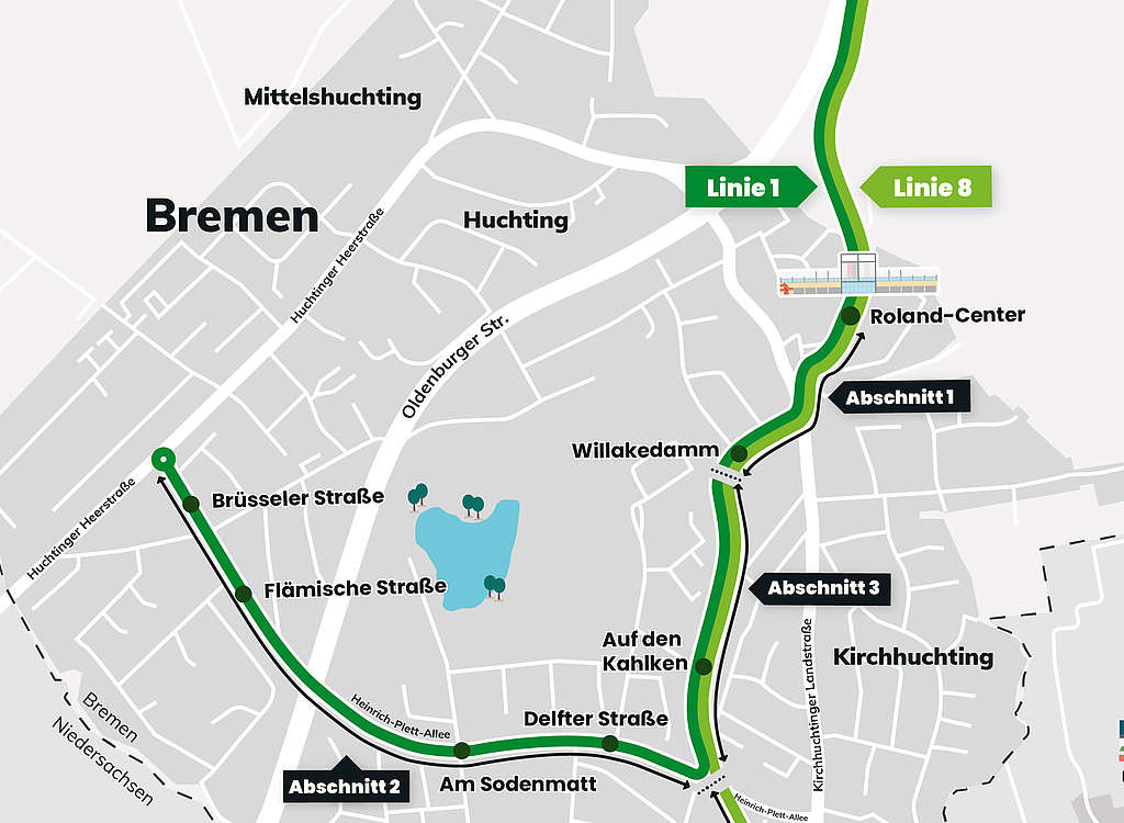 Eine Grafik zeigt einen Lageplan zur neuen Strecke der Linie 1 in Bremen. 