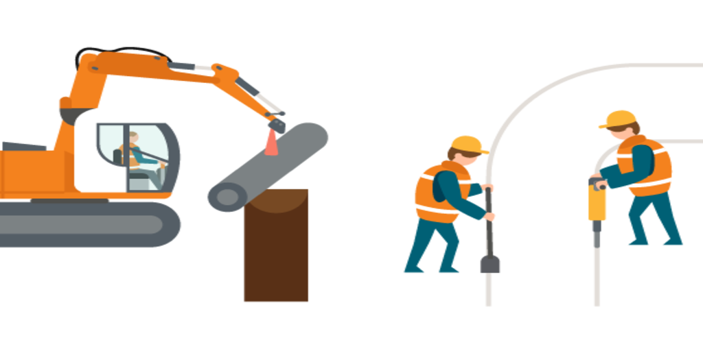 Eine Illustration zeigt einen Bagger und zwei Bauarbeiter. 