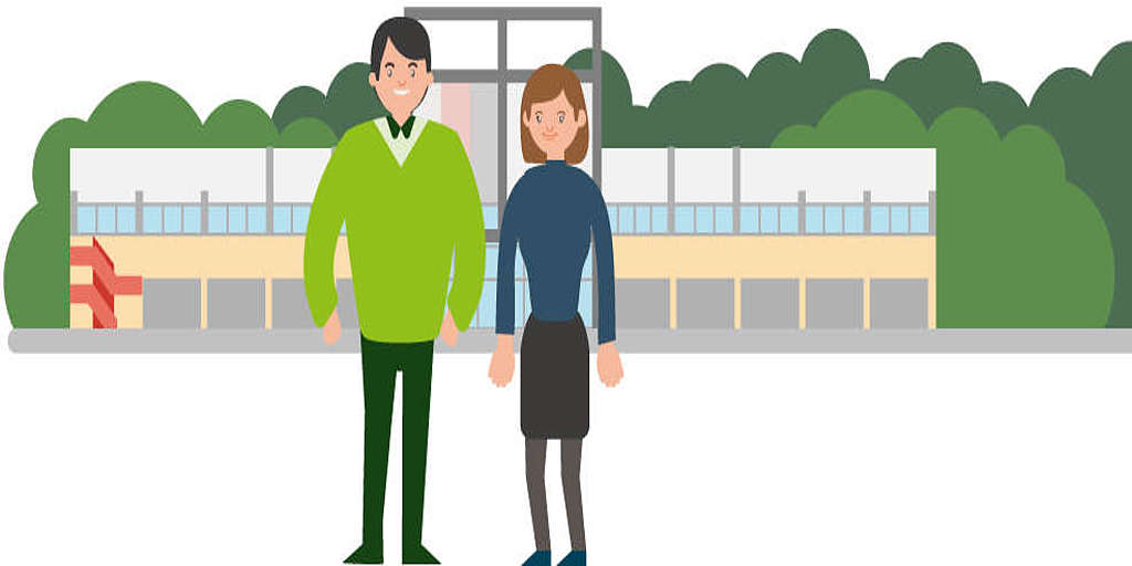 Eine Illustration zeigt zwei Personen, die vor dem Infopoint zum Projekt Line 1 und 8 vor dem Roland-Center stehen. 