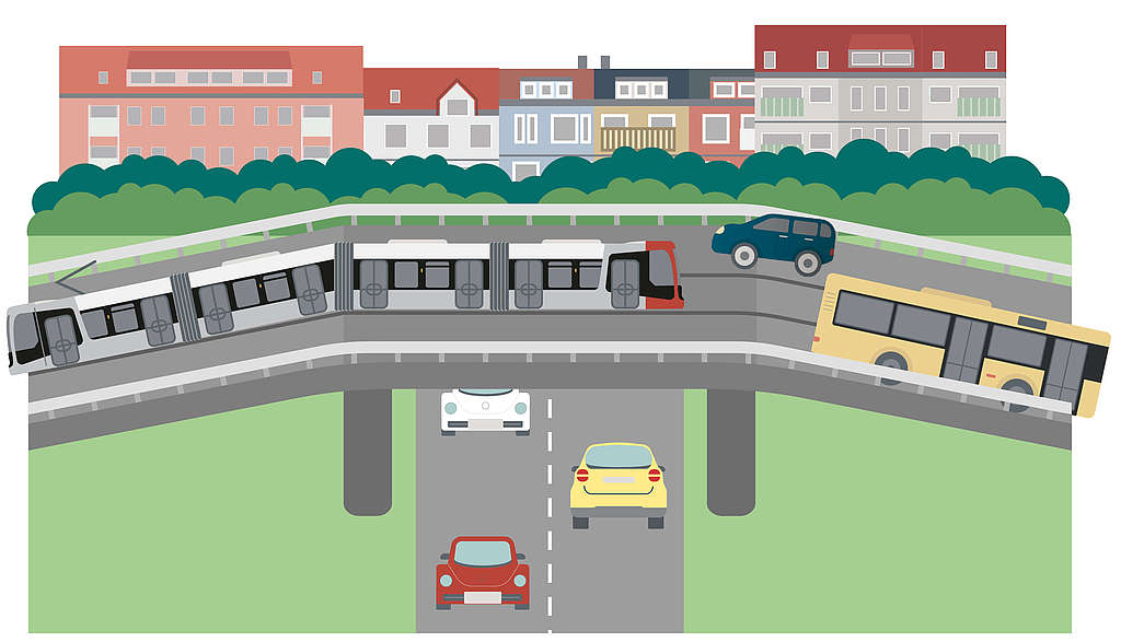 Eine Illustration zeigt eine Straßenbahn, die über eine Brücke fährt und auf diese Weise eine Straße überquert. 
