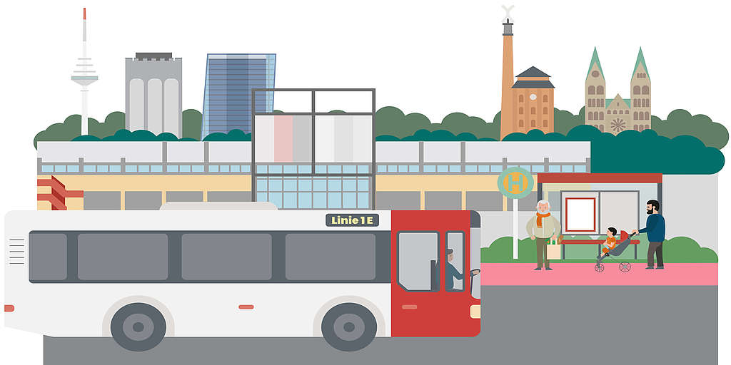 Eine Illustration zeigt einen Bus der Linie 1E vor dem Roland-Center Bremen. 
