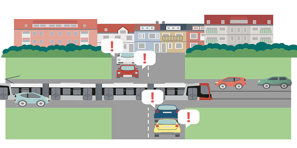Eine Illustration zeigt eine Straßenbahn, die eine befahrene Verkehrskreuzung überquert. 