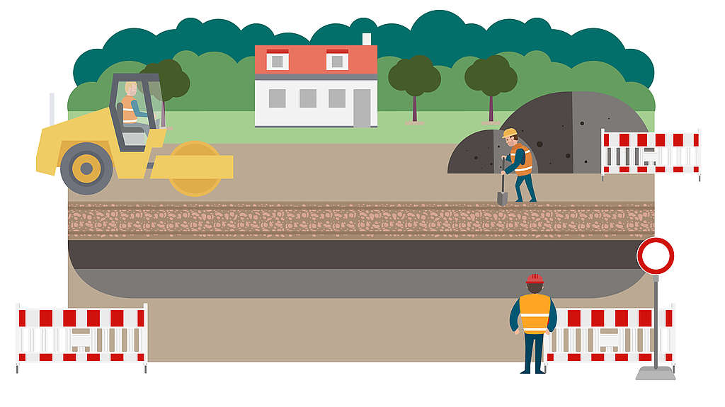 Eine Illustration zeigt die Verlegung einer Betontragplatte für die Fertigstellung eines Straßen- und Gleisbaus. 