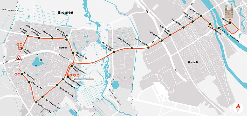 Eine Karte zeigt die Strecke eines Schienenersatzverkehrs zwischen Domsheide und Huchting. 