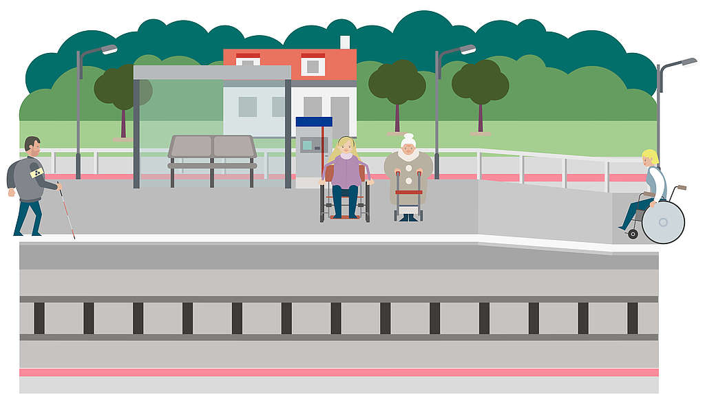Eine Illustration zeigt rollstuhlfahrende und sehbehinderte Menschen an einer Haltestelle. 